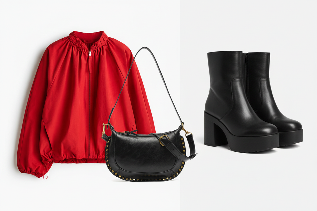 Lookbook collage cazadora bomber roja con botas y bolso