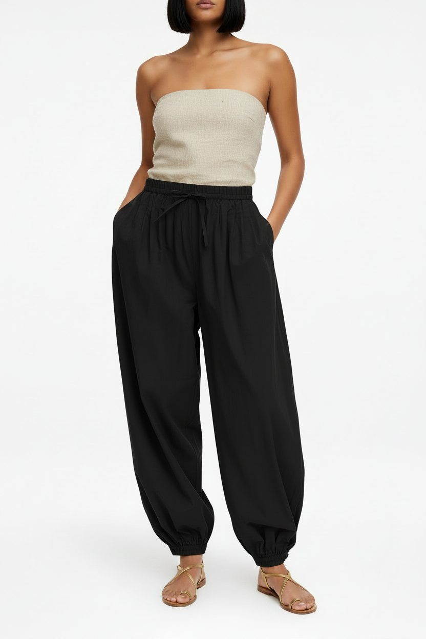 Pantalón Jasmine detalle cintura elástica cordón fruncidos algodón negro — The Gia Street