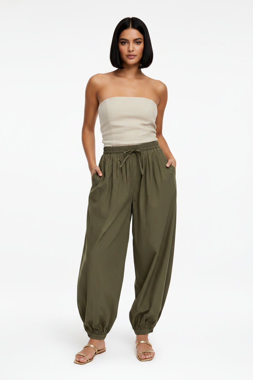 Pantalón Jasmine abullonado algodón verde caqui mujer vista frontal cintura elástica — The Gia Street