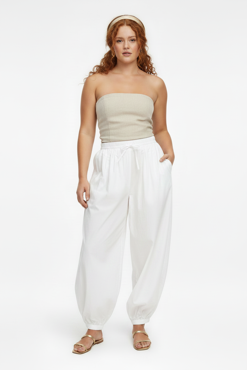 Pantalón Jasmine abullonado popelina algodón blanco mujer vista frontal — The Gia Street
