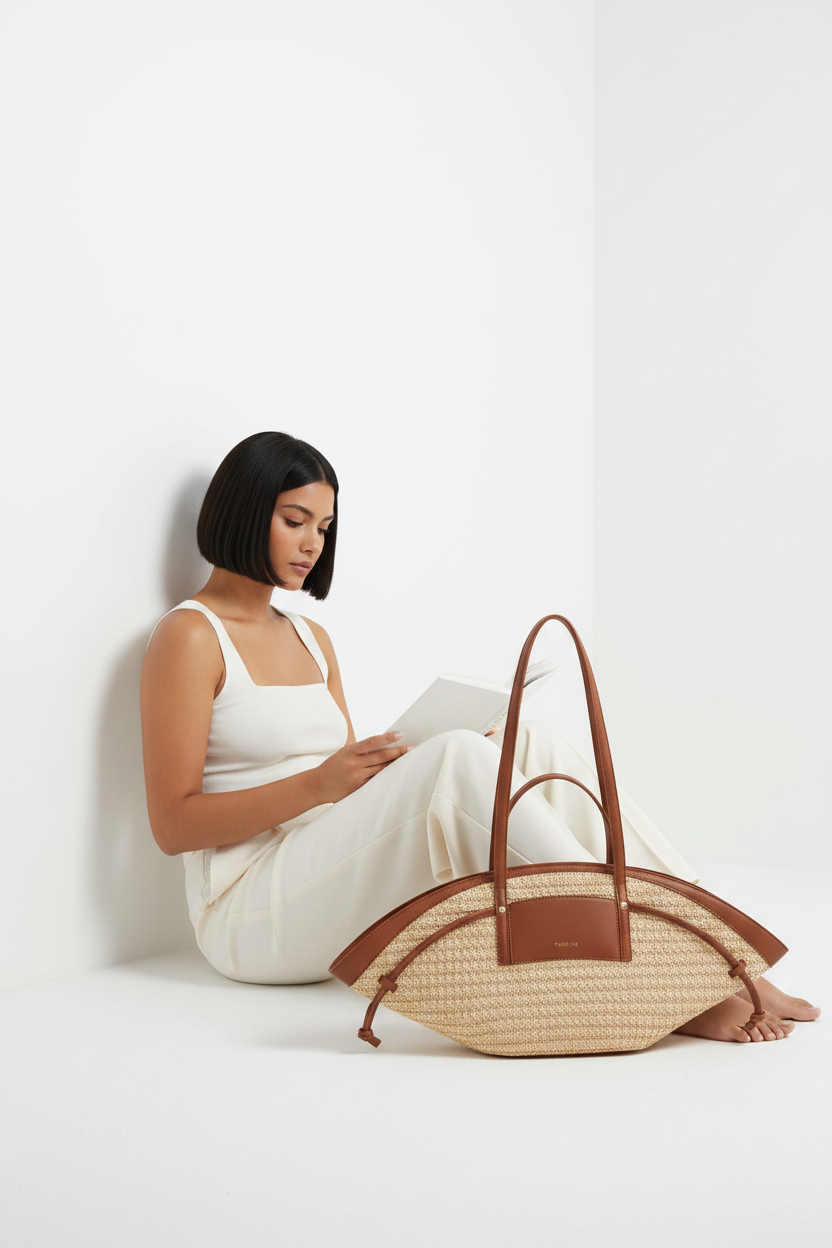 Modelo pelo negro carré sentada leyendo bolso Riviere Paris 64 rafia beige camel estudio blanco — The Gia Street
