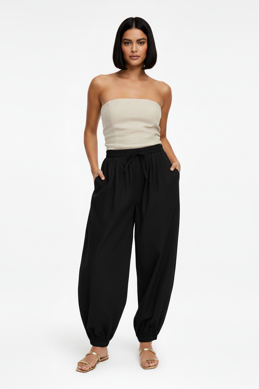 Pantalón Jasmine abullonado algodón negro mujer vista frontal cintura elástica — The Gia Street