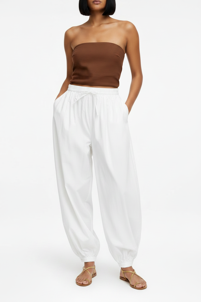 Pantalón Jasmine detalle cintura elástica cordón fruncidos popelina blanca — The Gia Street