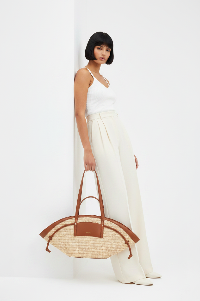 Modelo pelo negro carré con bolso Riviere Paris 64 rafia beige camel estudio blanco frontal — The Gia Street