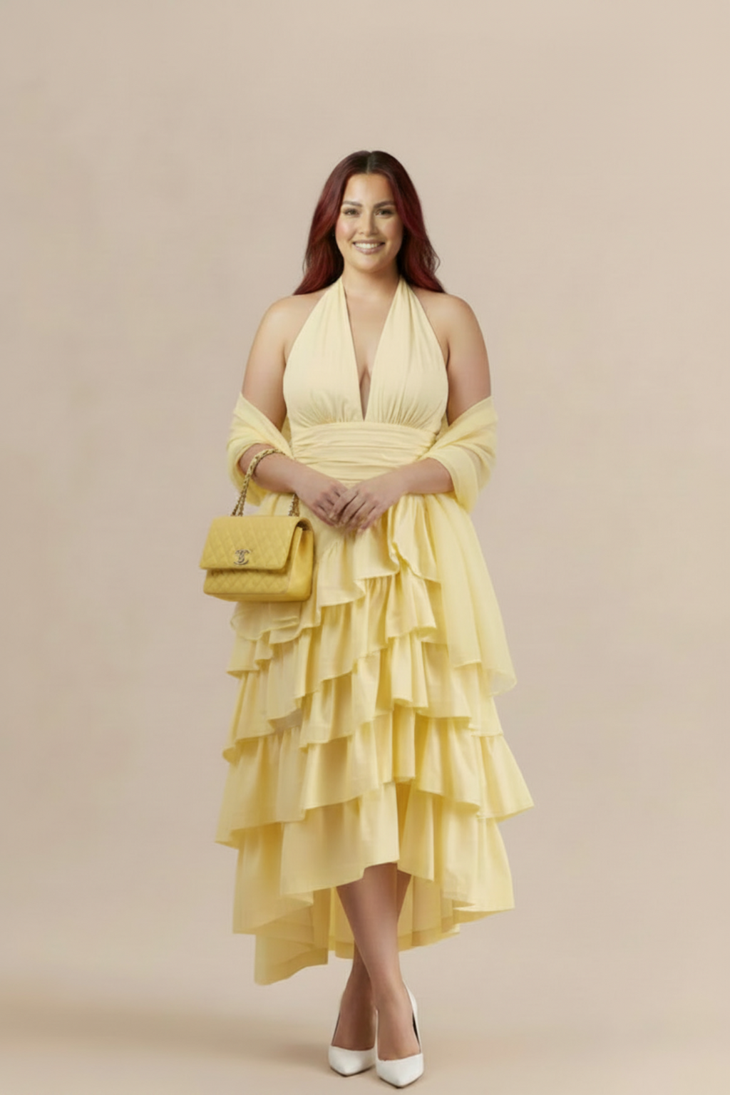 Vestido midi amarillo limón halter asimétrico volantes invitada boda verano The Gia Street