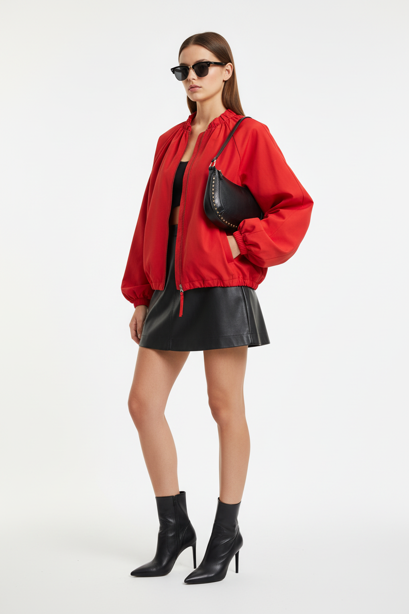 Lookbook cazadora bomber roja exacta 2