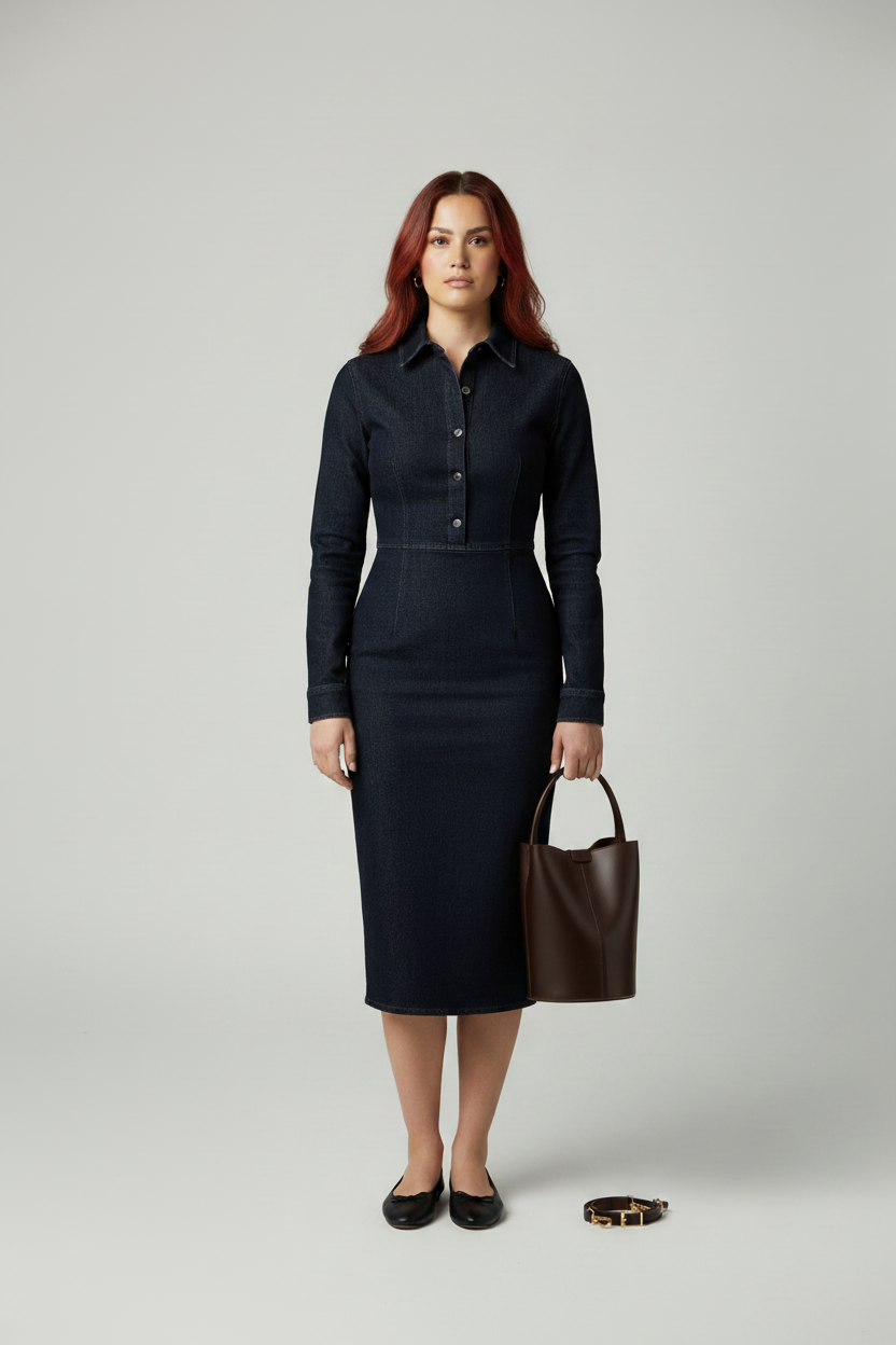 Modelo Gia bolso Bella marrón cacao vestido denim