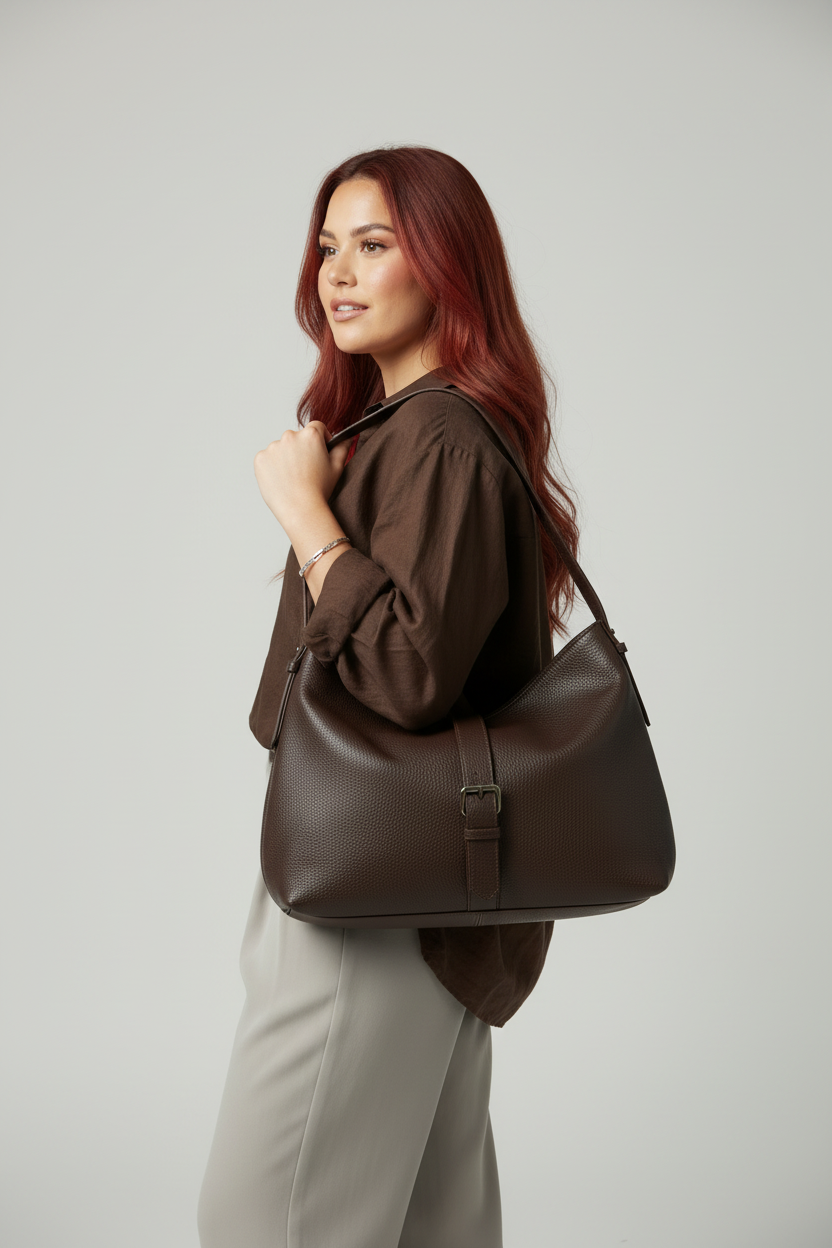 Modelo Gia bolso Cocoa chocolate pose lateral