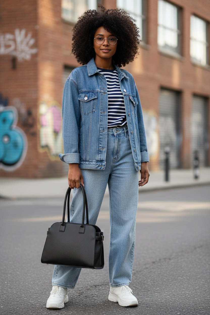 Mujer con pelo rizo, vaqueros baggy y chaqueta vaquera con bolso Midara