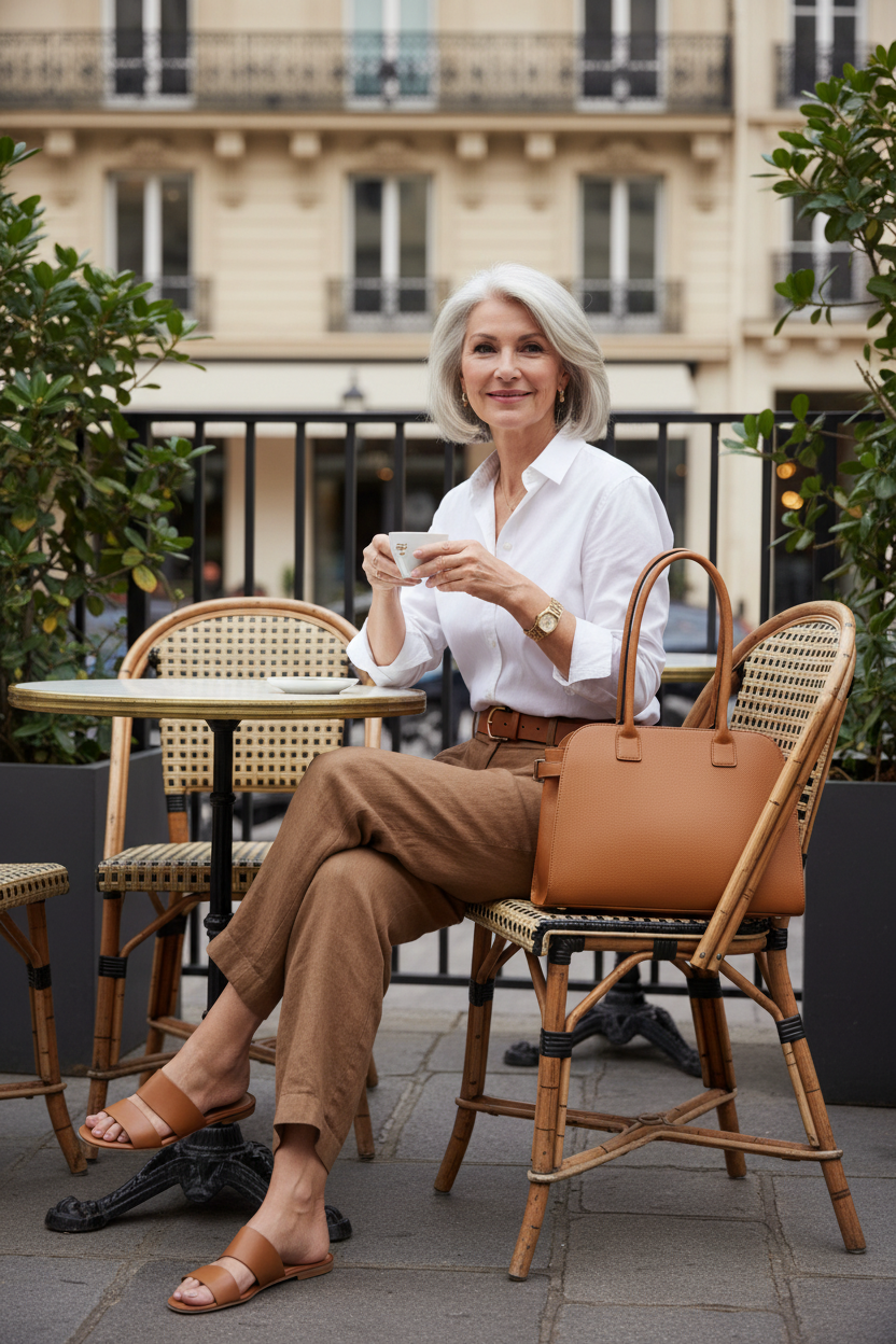 Mujer de 60 años con pantalones de lino marrón y bolso Midara camel en café chic