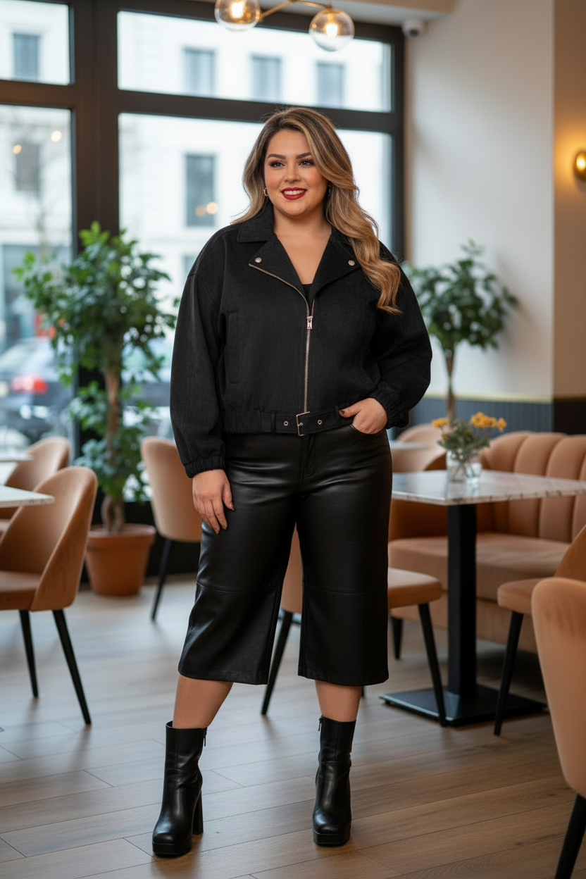 Outfit cazadora bomber negra con culotte