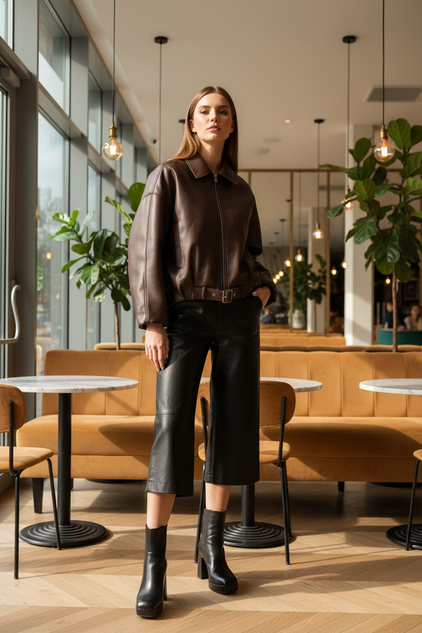 Outfit cazadora chocolate con culotte cuero negro