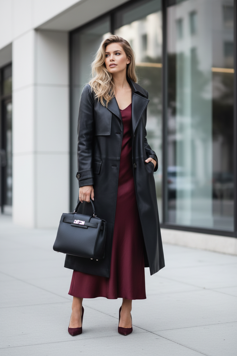 Outfit chica rubia con trench negro