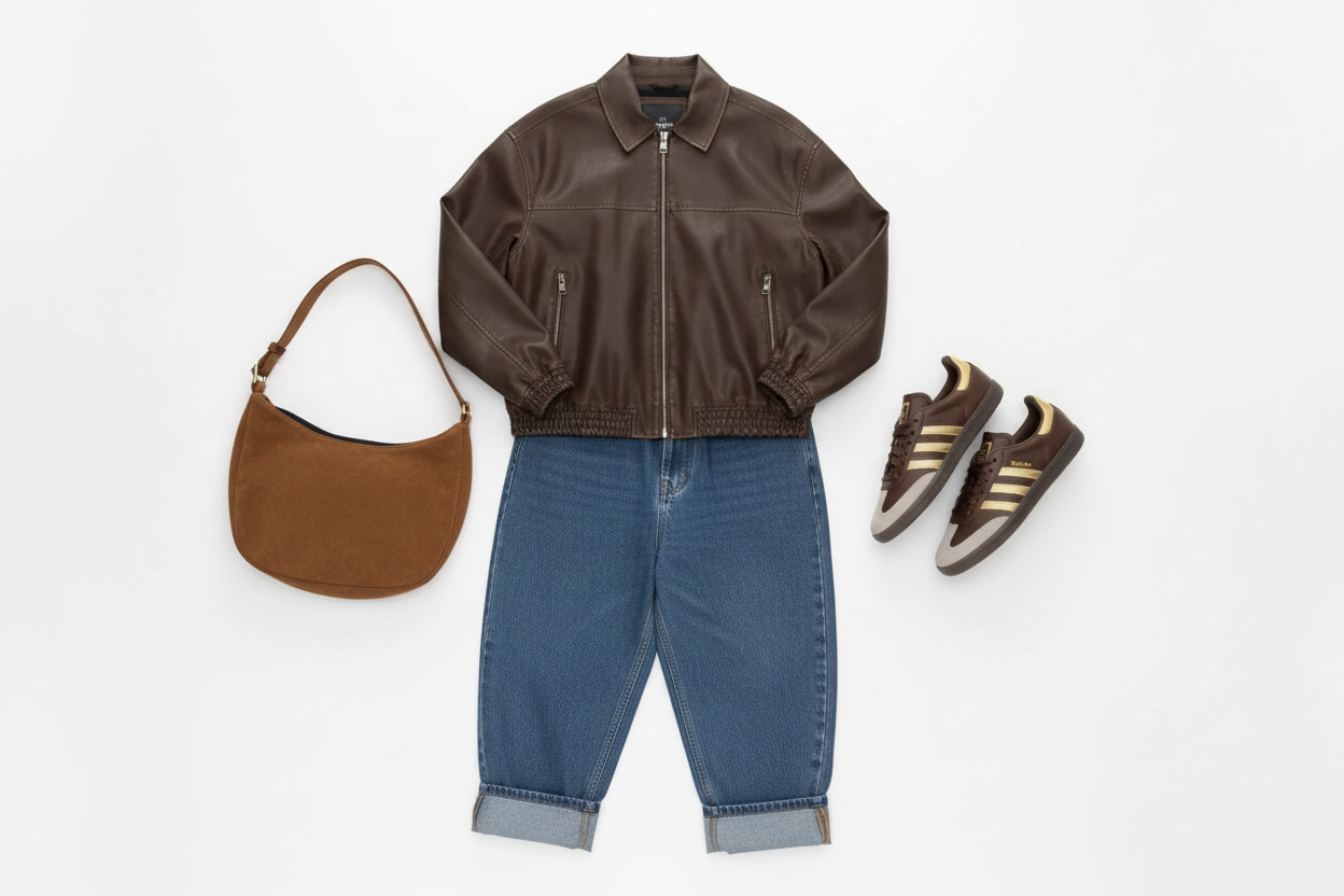Outfit completo con cazadora, vaqueros, Samba y bolso Misako