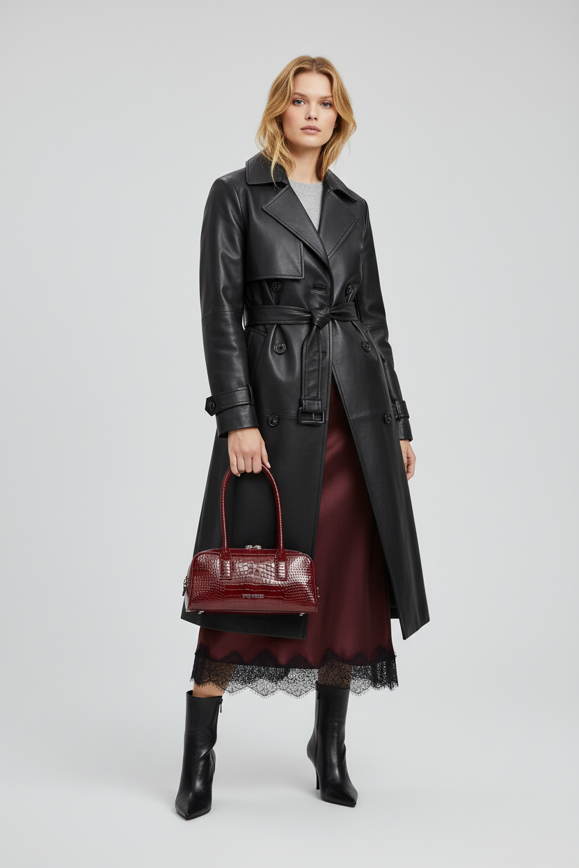 Outfit completo con trench negro Mango