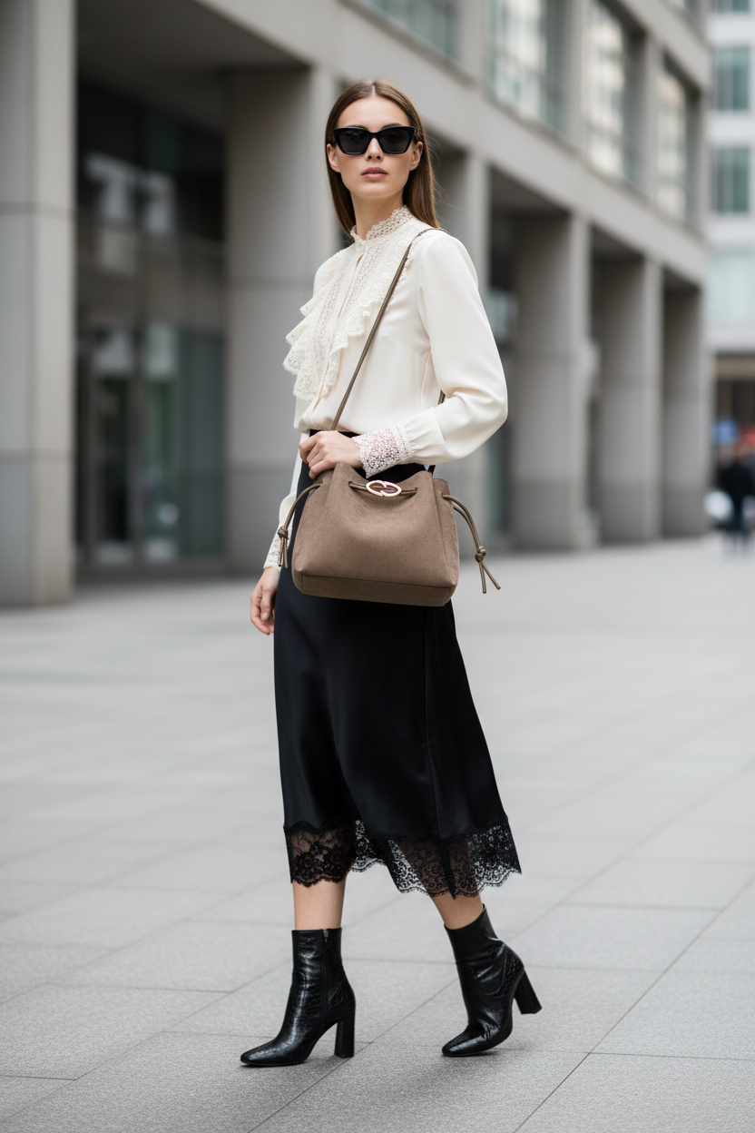 Outfit con bolso de cordones