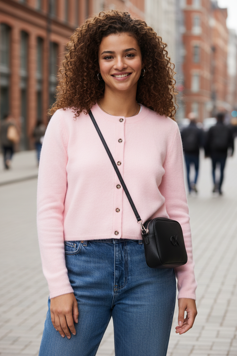 Outfit con cárdigan rosa JDY