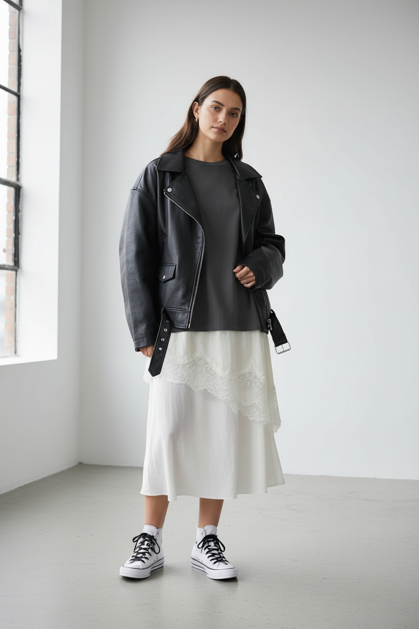 Outfit con camiseta de encaje, cazadora negra y Converse blancas