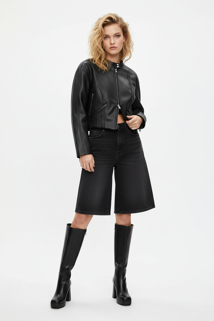 Outfit con chaqueta biker cropped, bermuda y botas negras