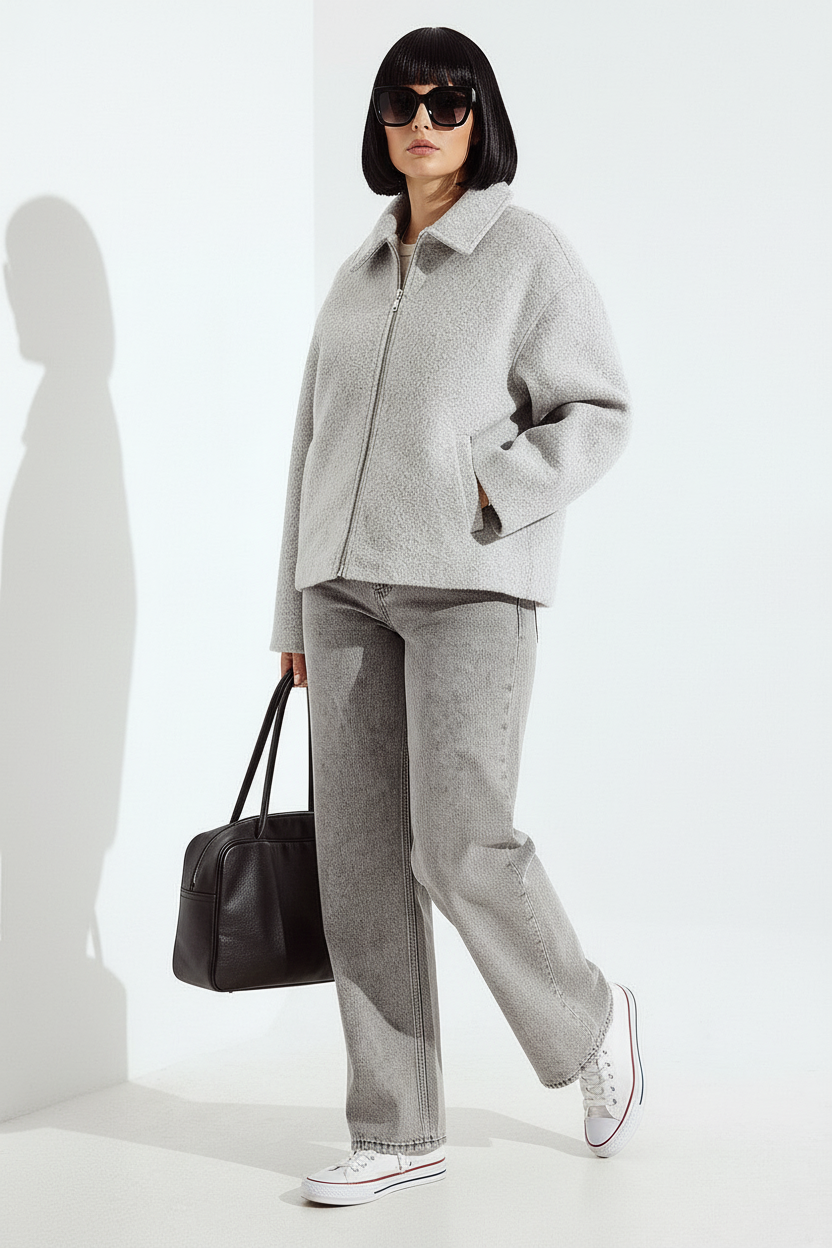 Outfit con chaqueta de bouclé gris NA KD
