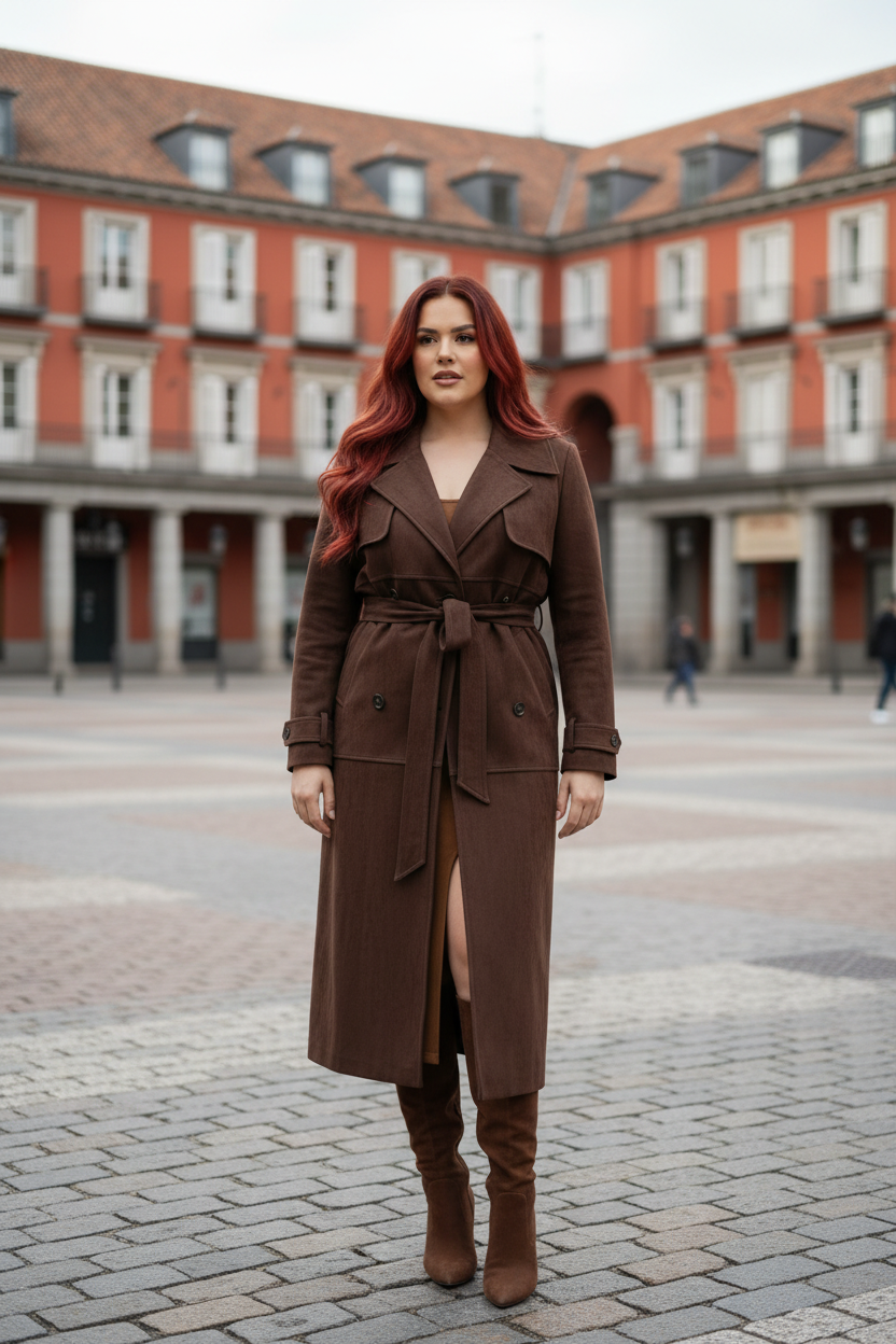 Outfit gabardina marrón Madrid - Modelo Gia