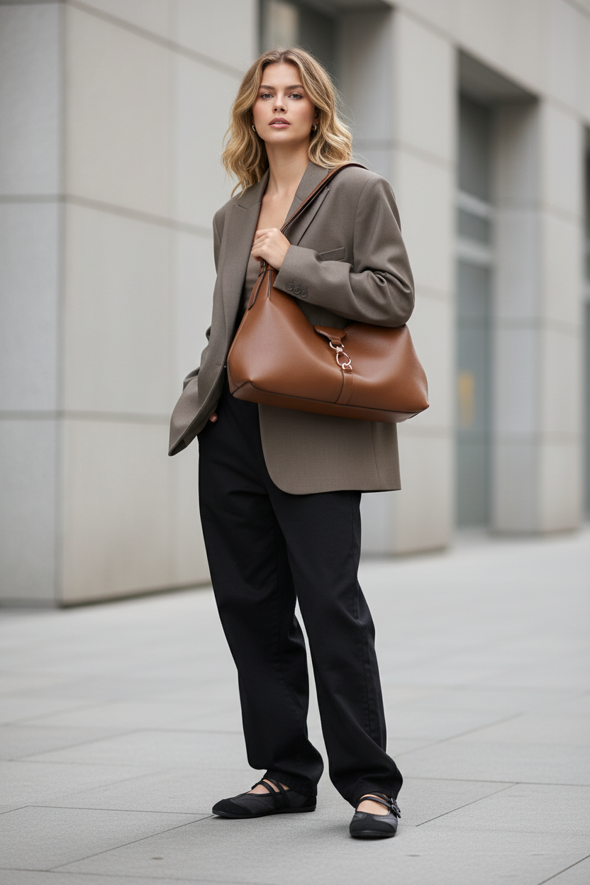 Outfit urbano con blazer marrón topo, pantalón baggy y bolso H&M