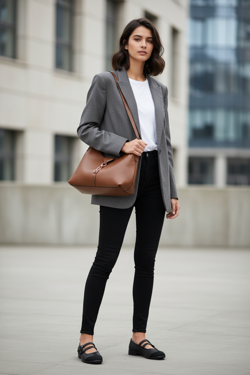 Outfit urbano con bolso H&M, blazer y zapatos Pull&Bear