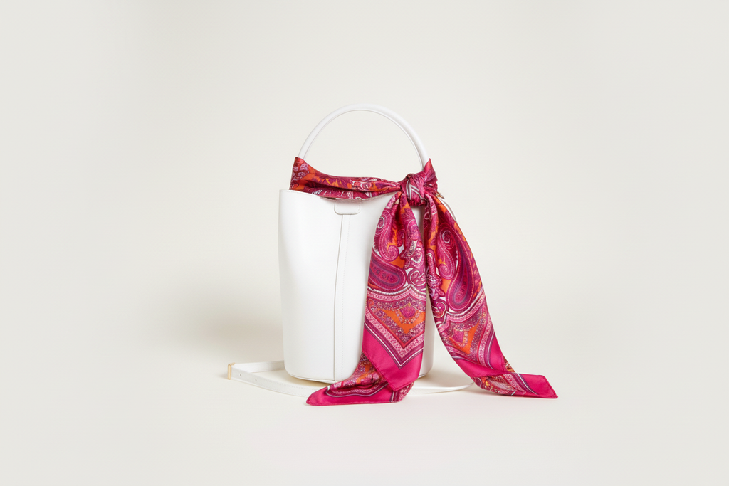 Pañuelo fucsia en bolso blanco