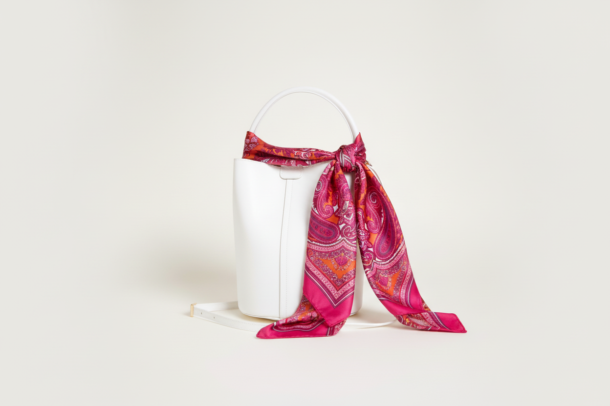 Pañuelo fucsia en bolso blanco