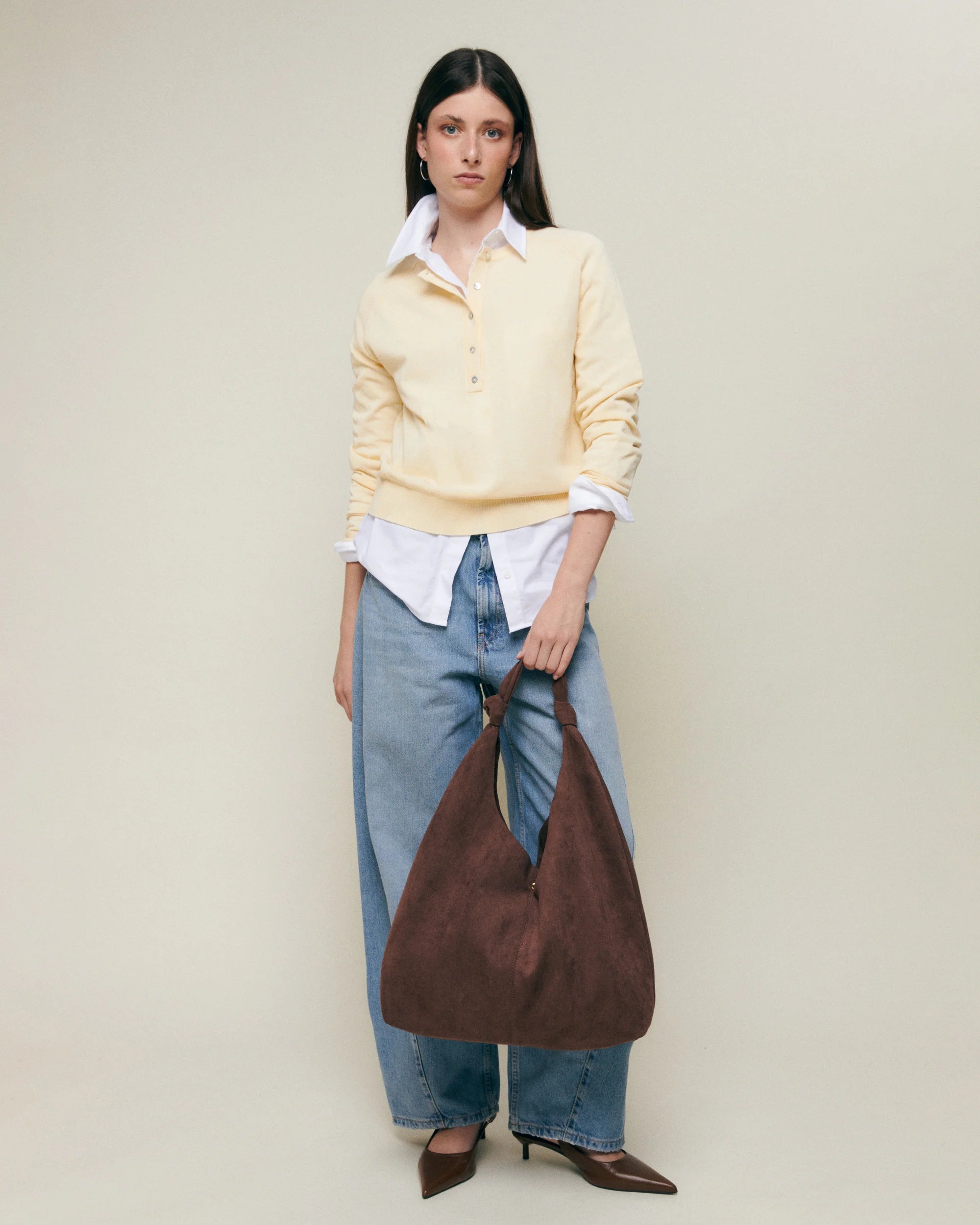 Bolso hobo grande efecto ante con neceser extraíble Pologi-1 Marrón