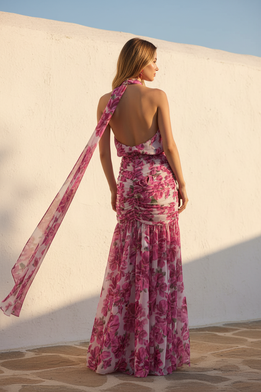 Vestido largo halter hibiscus rosa espalda abierta pañuelo fluido maxi The Gia Street