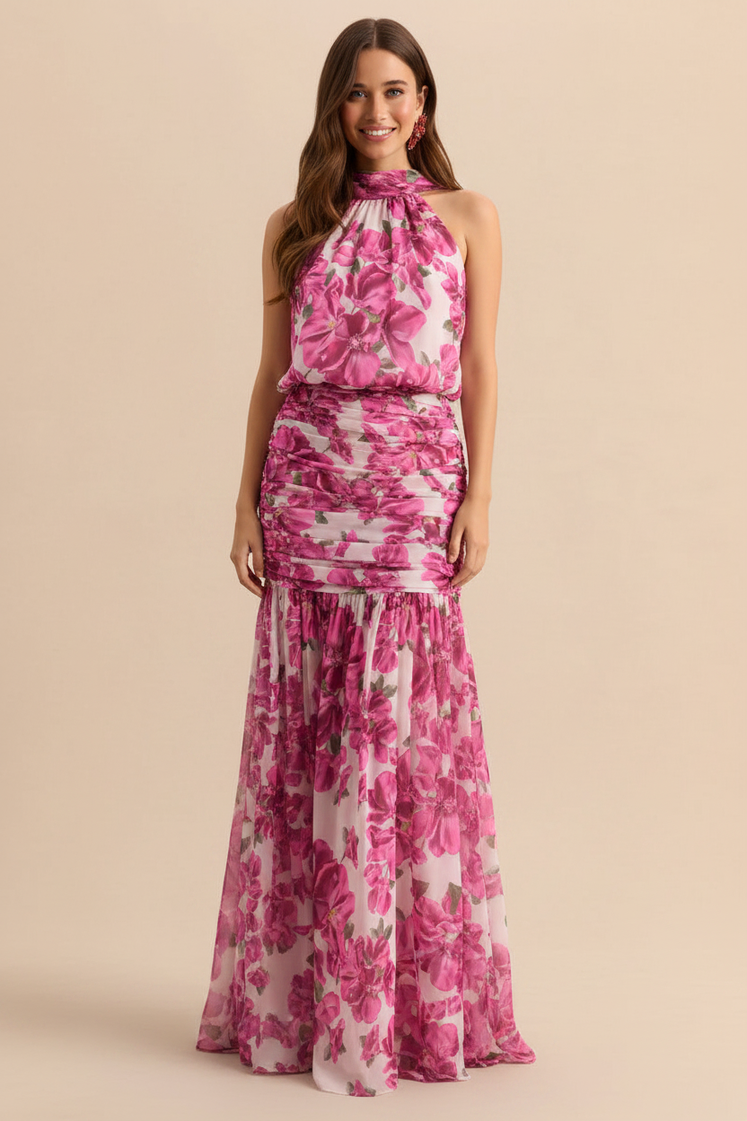 Vestido maxi halter hibiscus rosa gasa premium frente invitada boda The Gia Street
