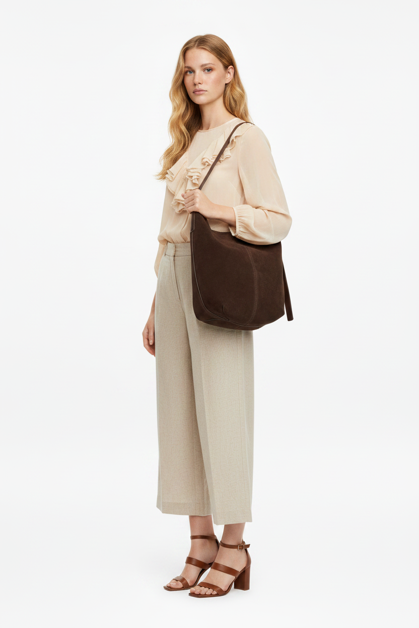 Sueca — Pescador lino blusa volantes gasa tacones marrones bolso bucket