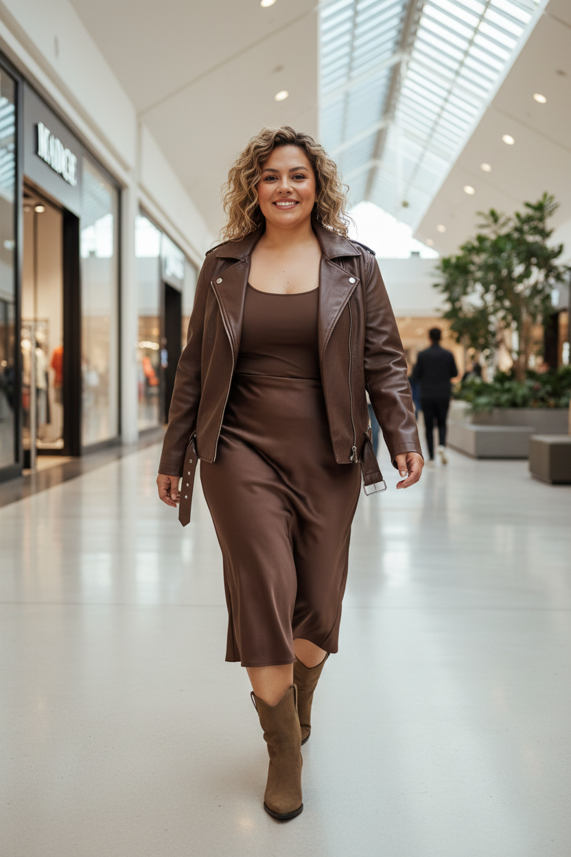 Tu cara caminando en shopping con falda midi chocolate satén, cazadora cuero y botines cowboy