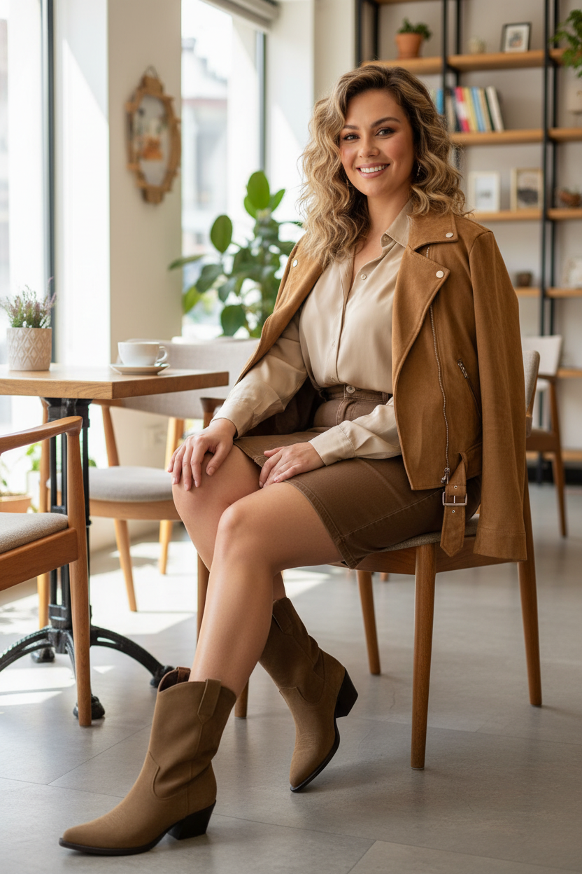 Tu cara con proporciones armoniosas, piernas largas, sentada en café con botines cowboy