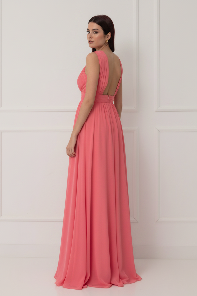 Vestido largo Bellisima gasa salmón halter cuello plisado recepciones Made in Spain